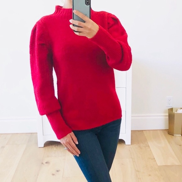 Red Puff Sleeve Fuzzy Sweater - Picture 2 of 7